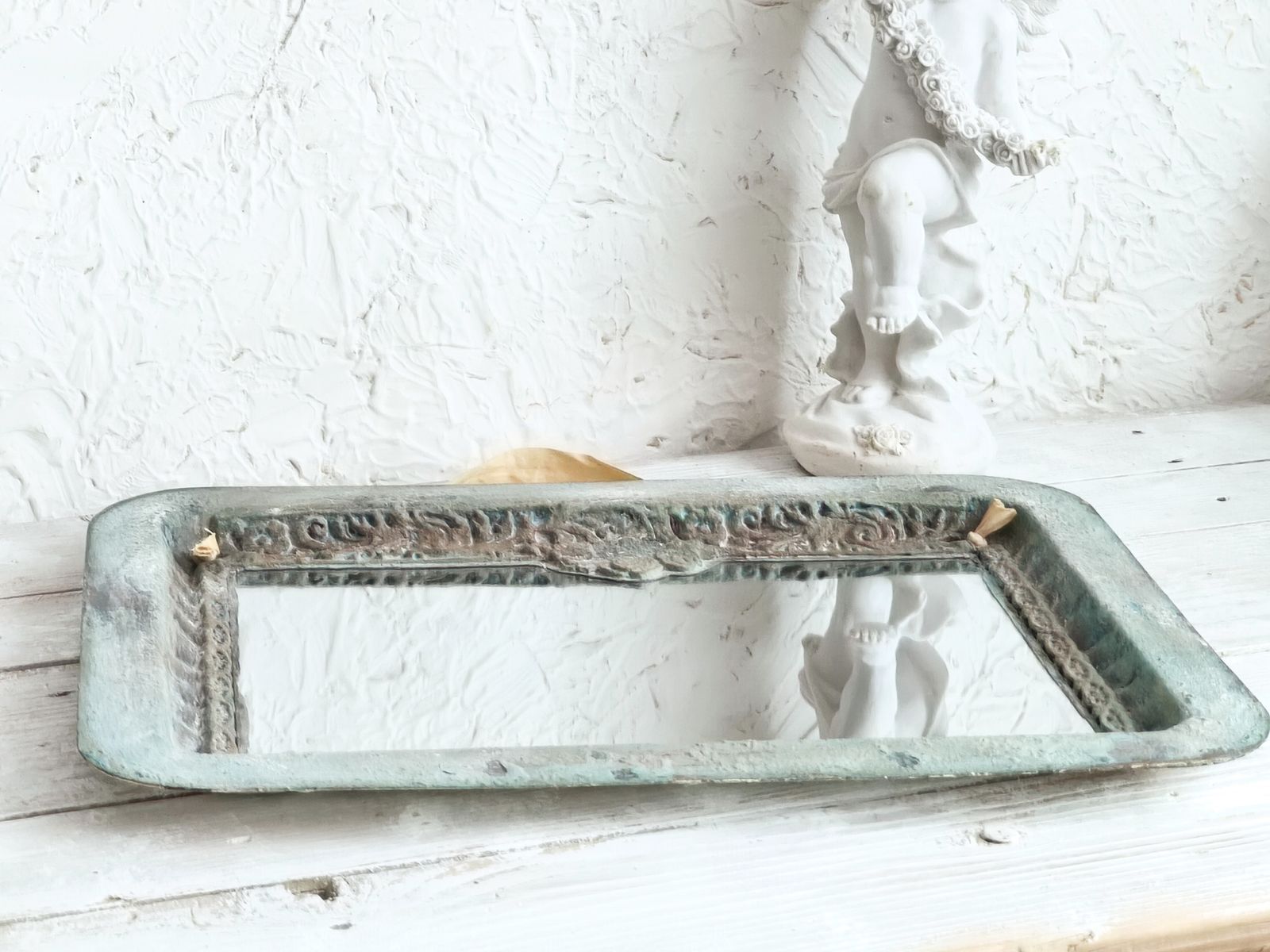 Romantic Blue Metal Wall Mirror With Floral Details And Hanging Ribbon, Distressed Shabby Chic Home Decor photo buy