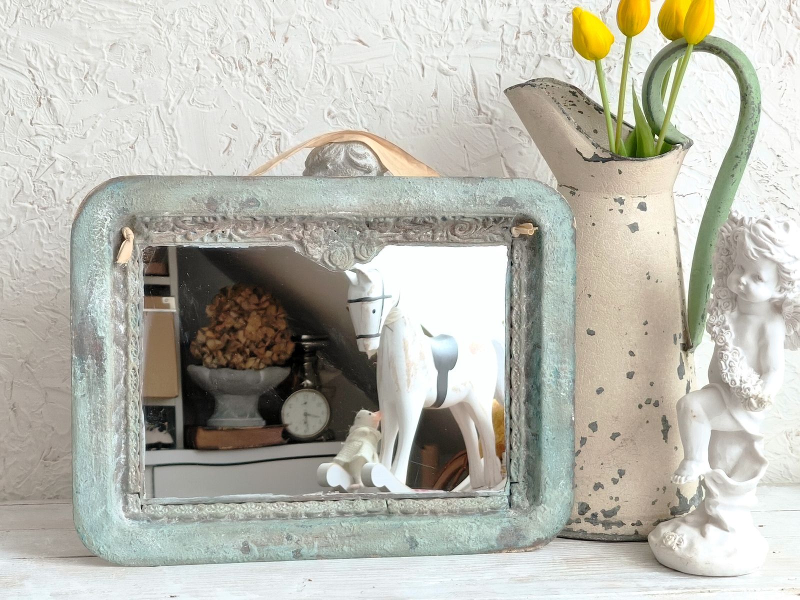 photo furniture Romantic Blue Metal Wall Mirror With Floral Details And Hanging Ribbon, Distressed Shabby Chic Home Decor