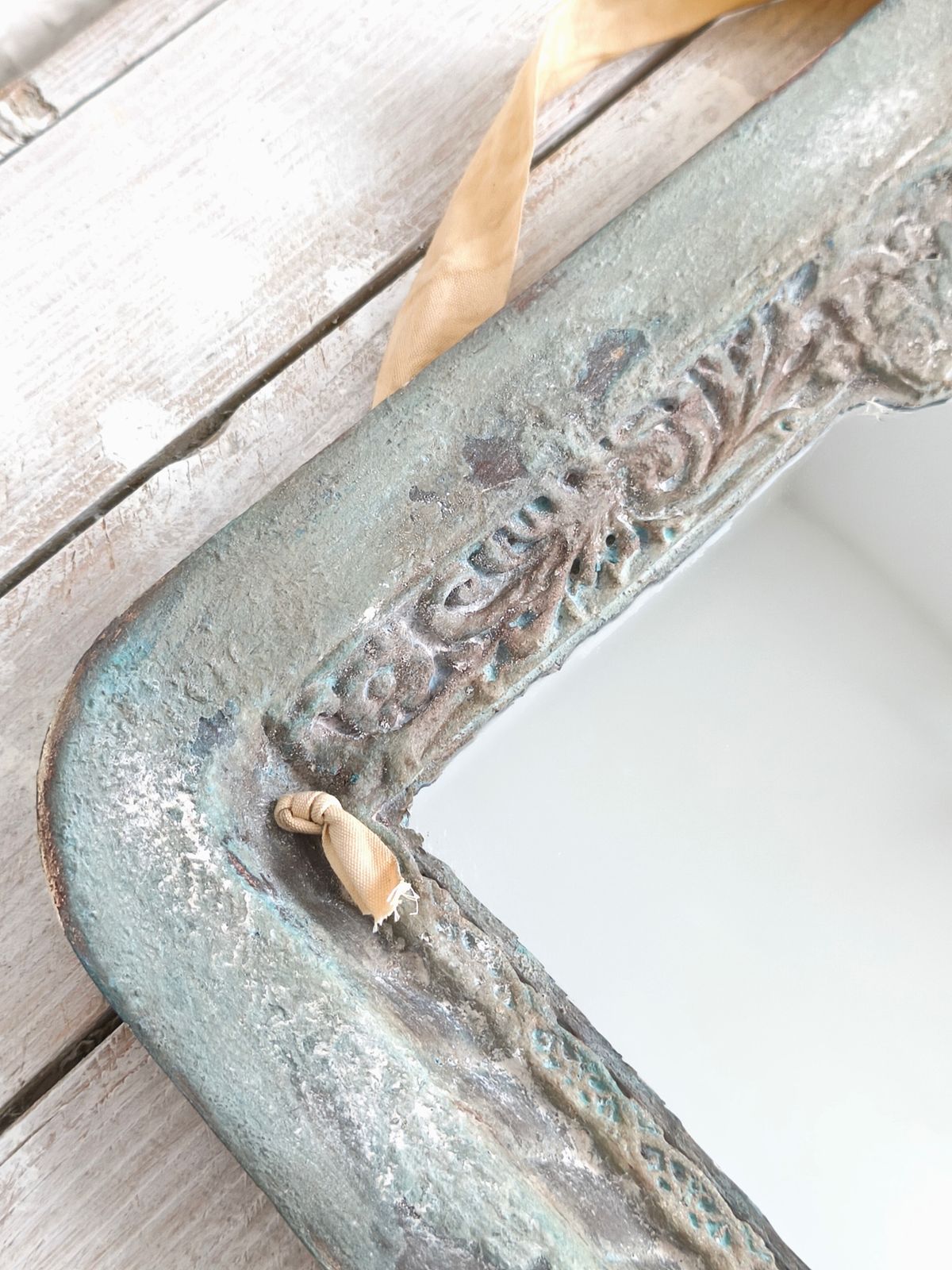 photo for sale Romantic Blue Metal Wall Mirror With Floral Details And Hanging Ribbon, Distressed Shabby Chic Home Decor