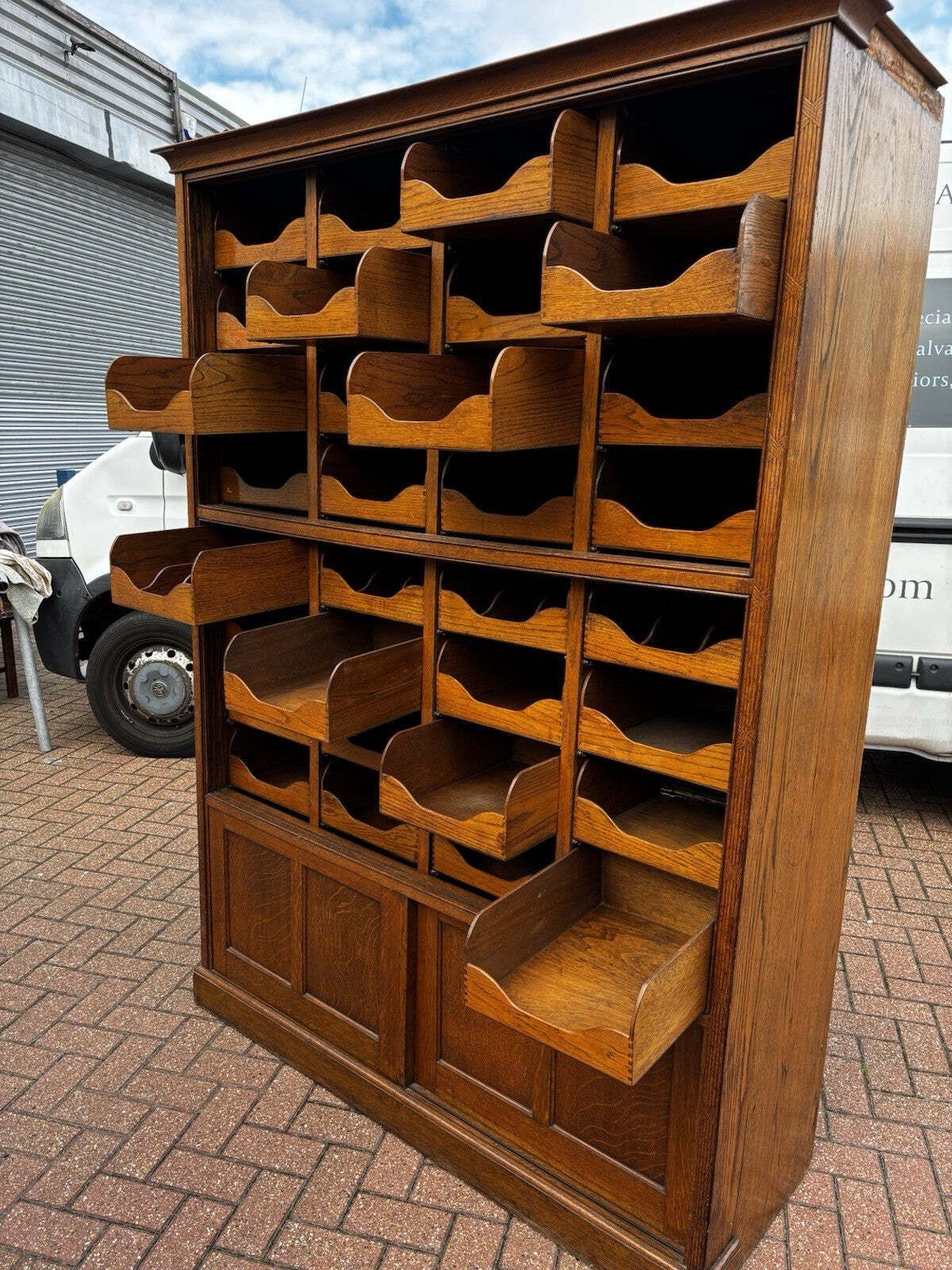 Edwardian Oak Haberdashery Cabinet With 32 Pull Out Drawers. Cupboards Below. photo vintage