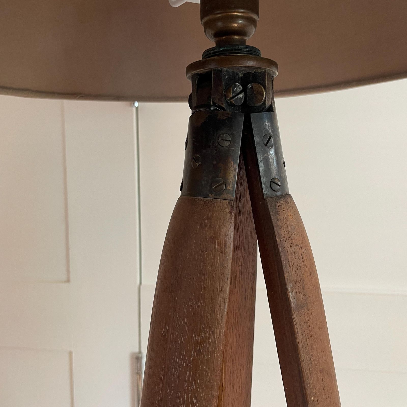 Vintage Wooden Tripod Floor Lamp Brass Fittings Retro Studio Freestanding Mid Century Industrial Studio Surveyor Style Lighting Inc Shade photo vintage