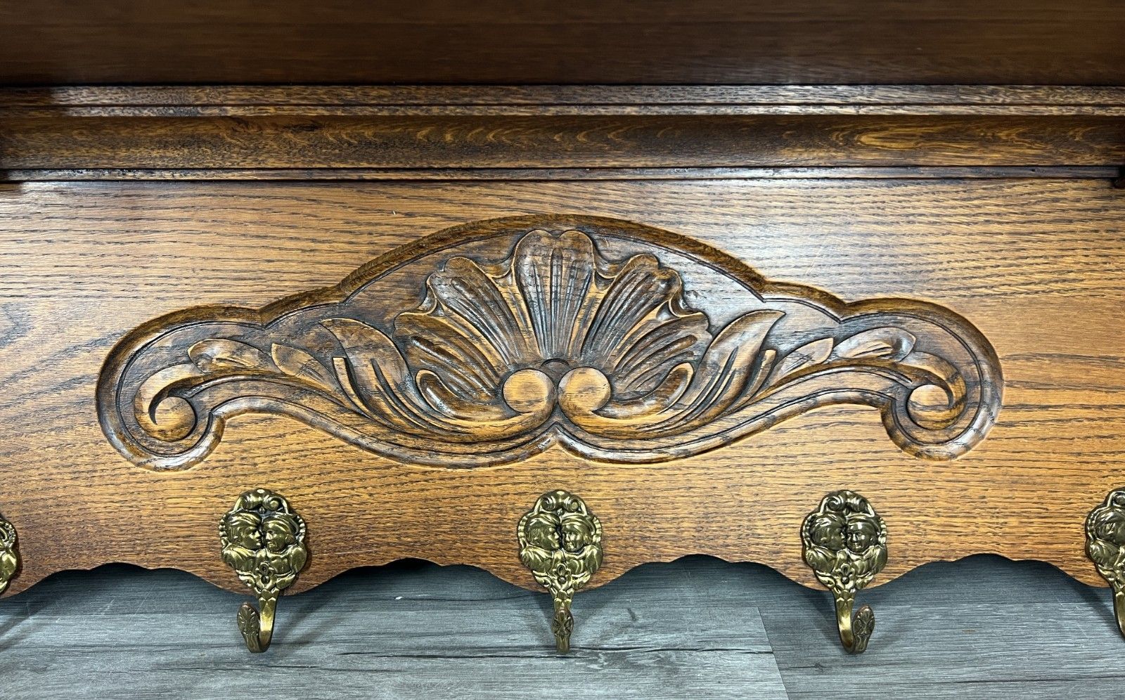 French Vintage Coat Rack Oak 7 Hooks Ornate Wall Shelf Carved Coat Lot 4216 photo Furniture