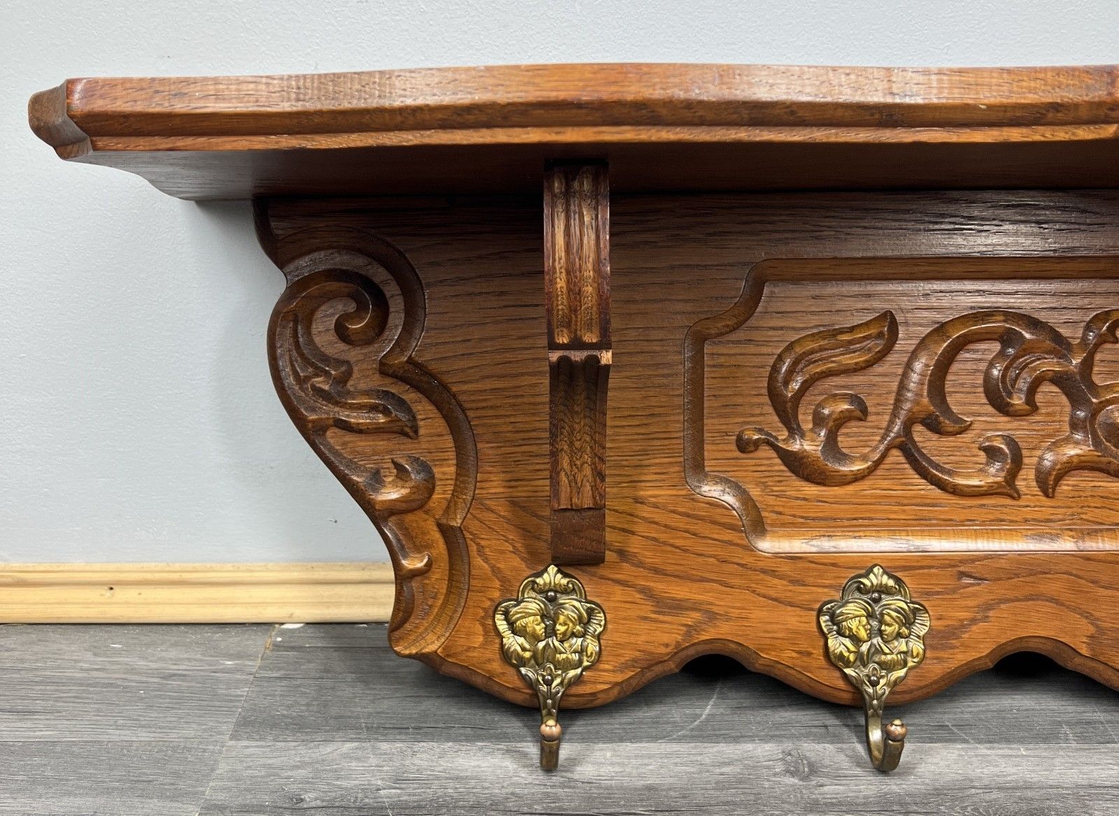 French Vintage Coat Rack Oak 6 Hooks Ornate Wall Shelf Carved Coat Lot 4220 photo vinterior