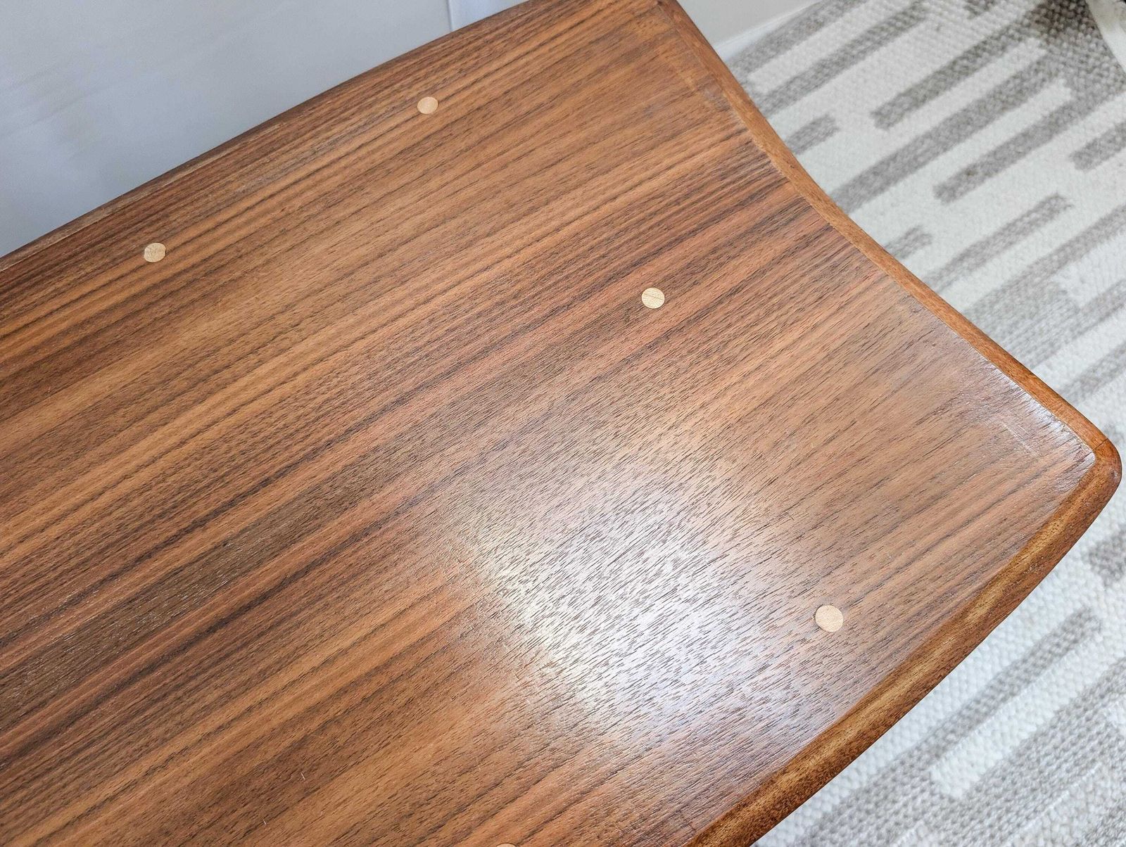 photo furniture Vintage 1960s Everest Teak & Walnut Inlay Petite Coffee Table Magazine Shelf. Mid Century Modern.