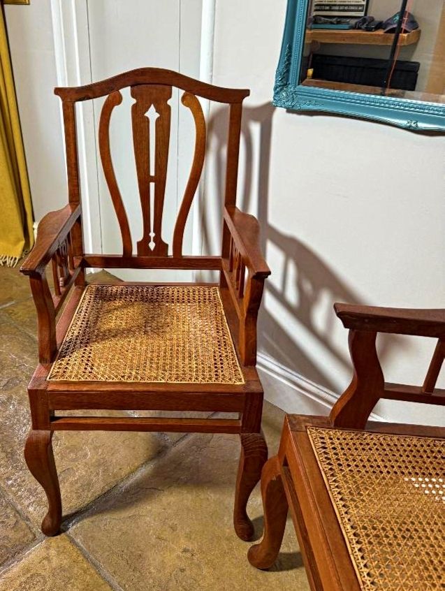 Pair Of Vintage Mahogany Carver Chairs, Rattan Seats photo furniture