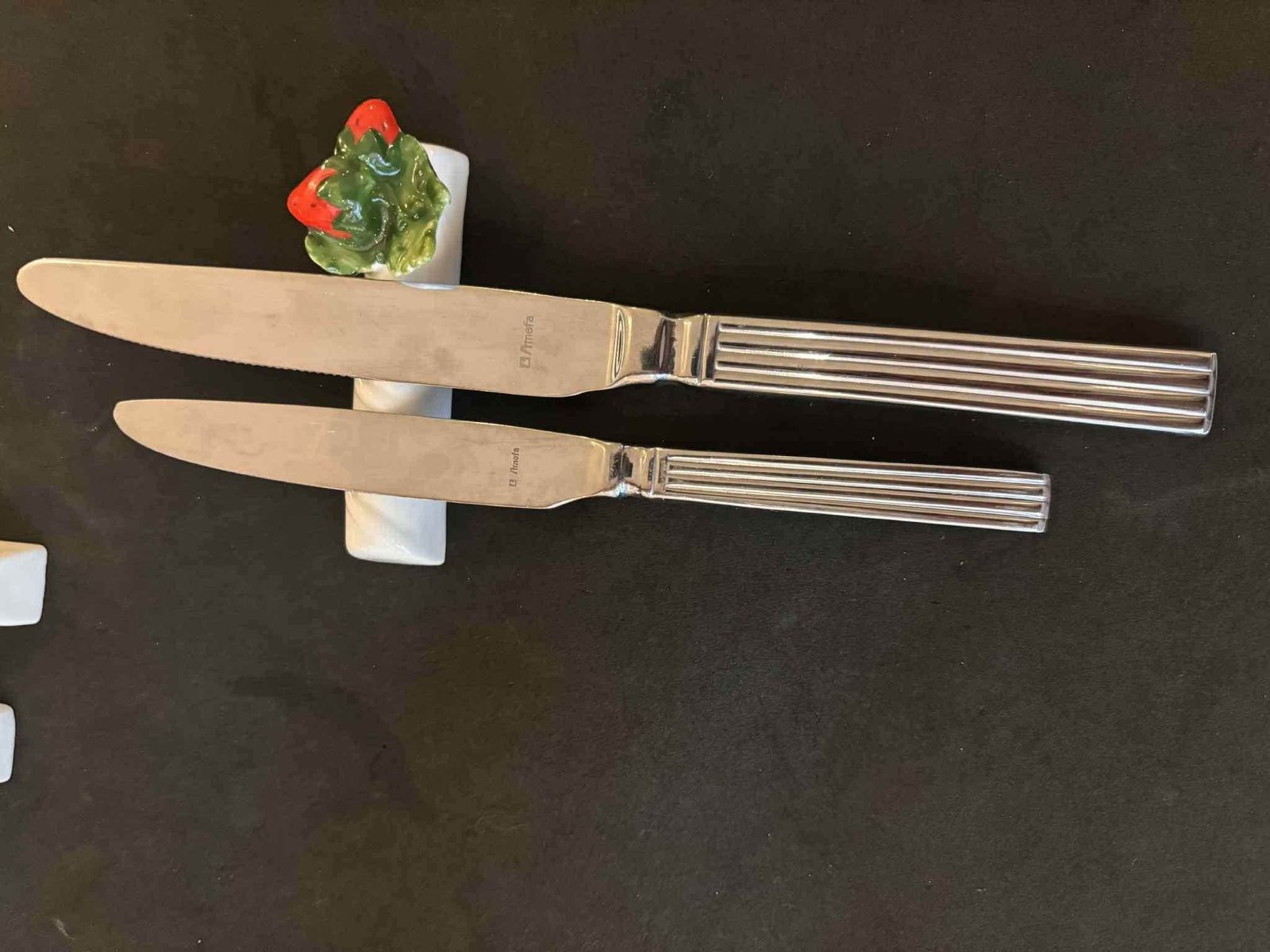 Ceramic Majolica Knife Rests Set: Ceramic Vegetable Fruits Cutlery Holder, France Vintage photo vinterior