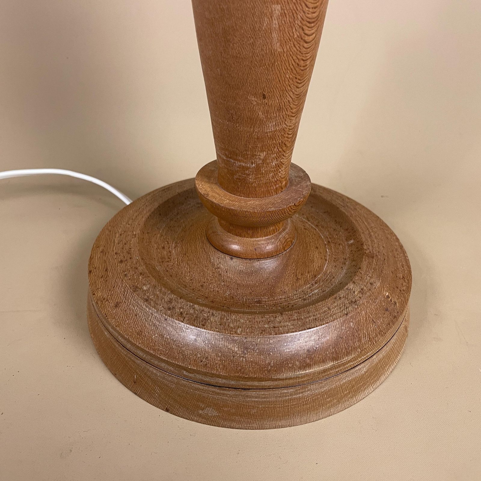Vintage Wood Lamp Wooden Light Bedside Table Carved Farmhouse Cottage Brown Antique Handmade Old Round Base Curved Classic photo Lighting