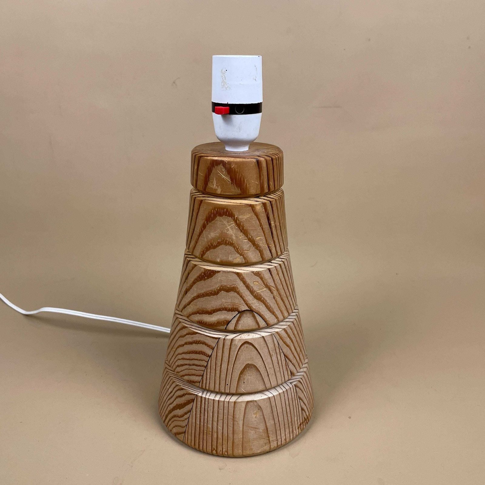 Vintage Wood Lamp Wooden Light Bedside Table Carved Farmhouse Cottage Brown Antique Handmade Old Round Base Curved Classic Cone