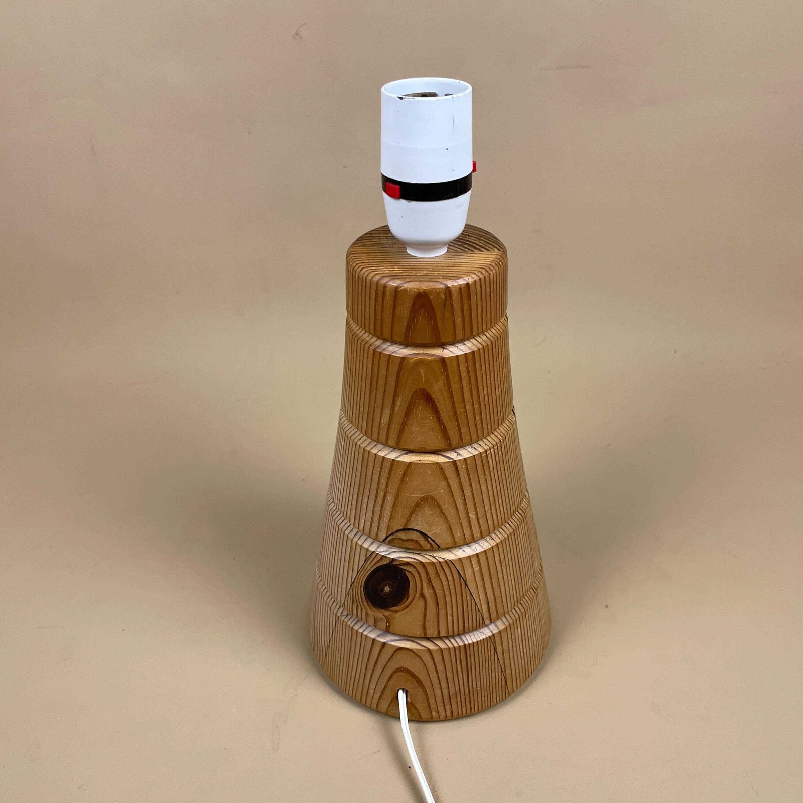 Vintage Wood Lamp Wooden Light Bedside Table Carved Farmhouse Cottage Brown Antique Handmade Old Round Base Curved Classic Cone photo vinterior