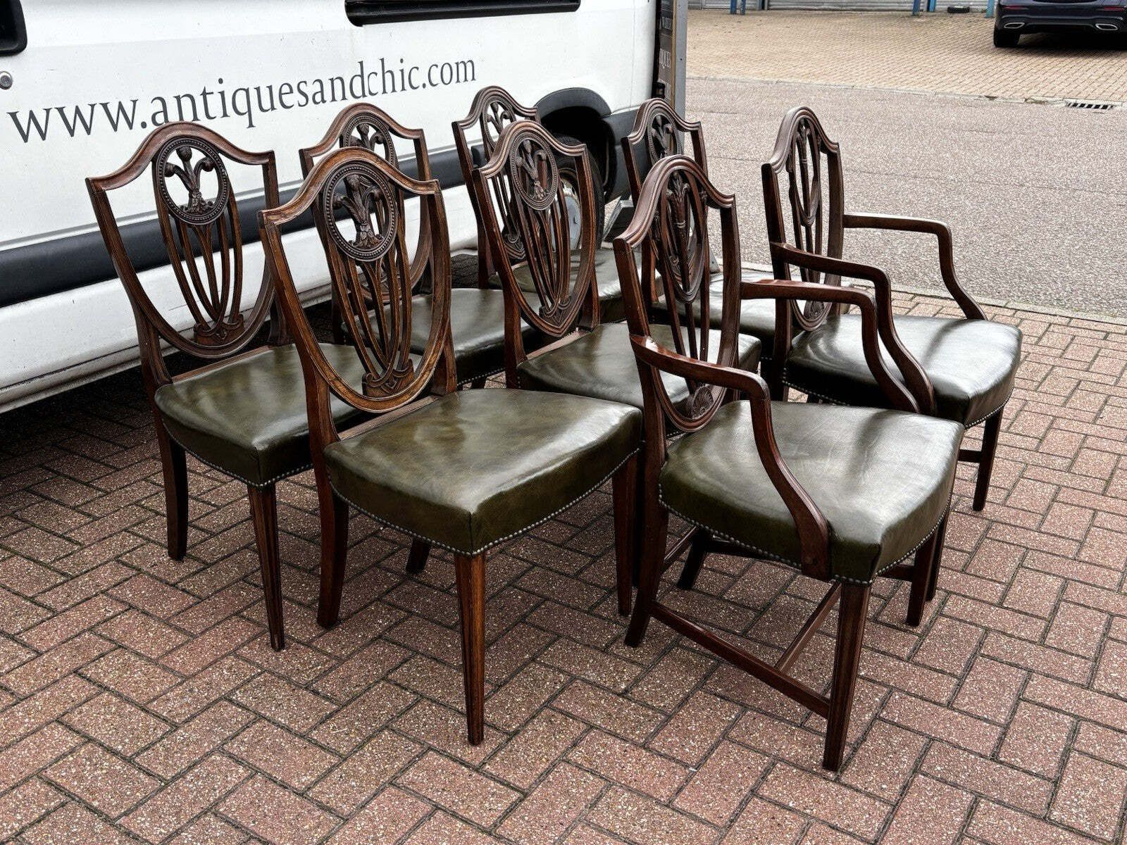 1995.0 8 Hepplewhite Dining Chairs. Green Leather Upholstery. Prince Of Wales Feathers photo