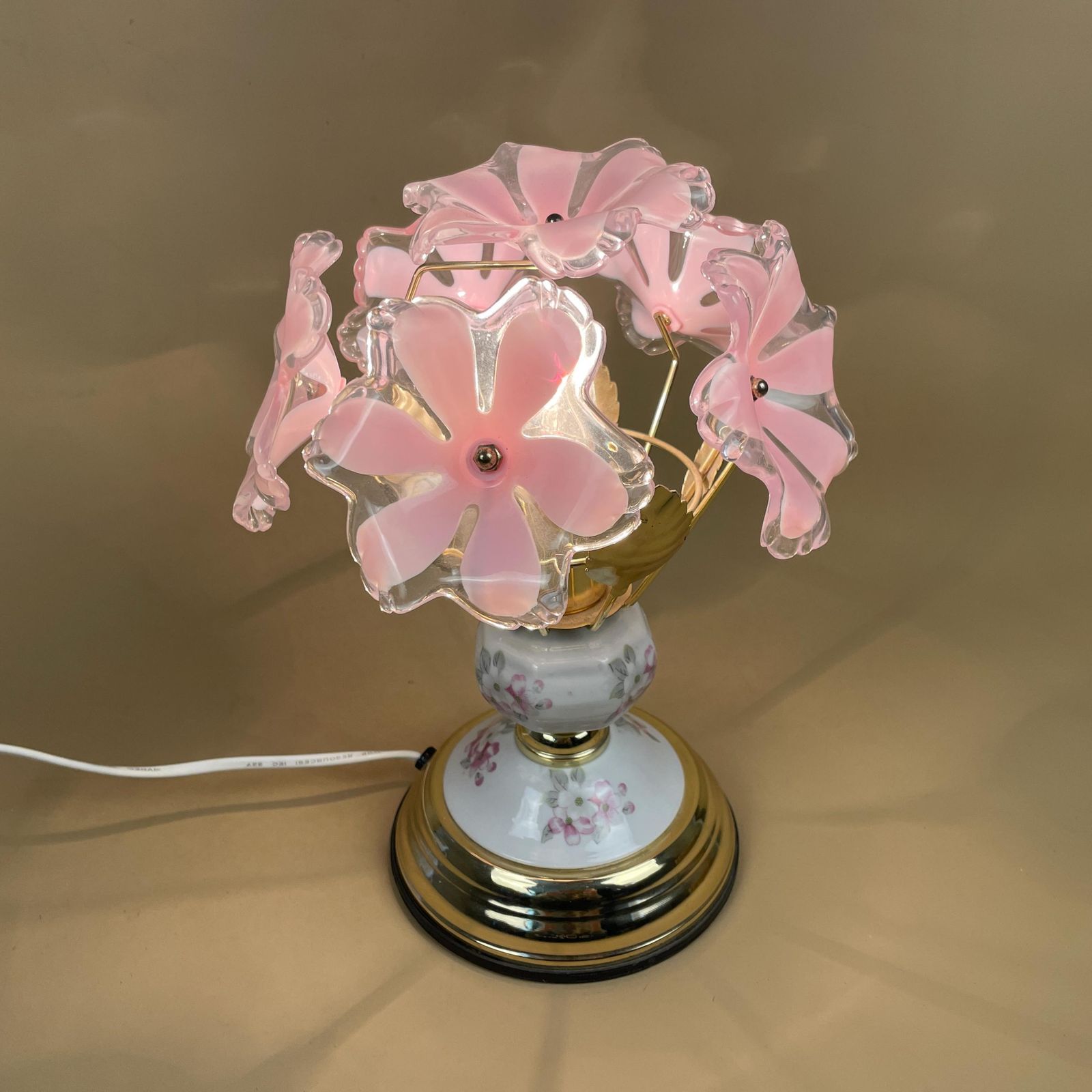 Vintage Gold Lamp Pink Glass 3d Floral Pattern Shades Table Lamp Ornate Intricate Detail Metal Side Light Ceramic Base Flowers Brass photo buy