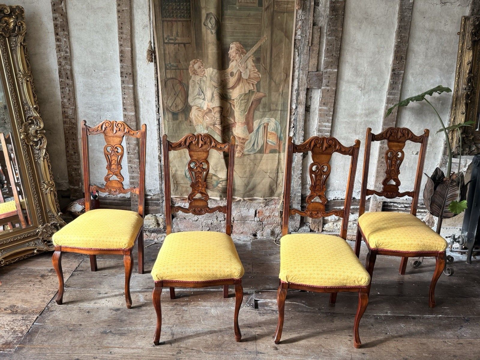 Original Antique Carved Mahogany Dining Side Hall Chairs Sunflower C 1890 X 4 photo for sale