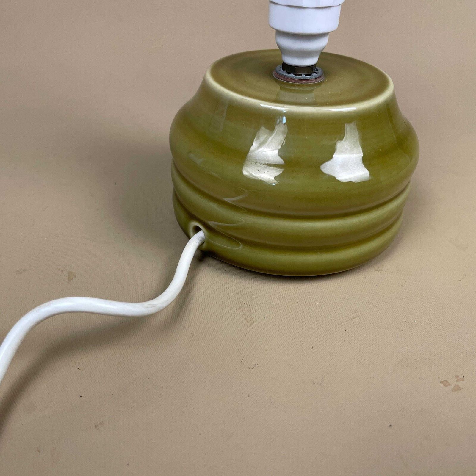 Vintage Ceramic Striped Patterned Olive Green Studio Pottery Lamp Bedside Table Light Retro Cottage Glaze Antique Handmade Small Heavy photo vinterior