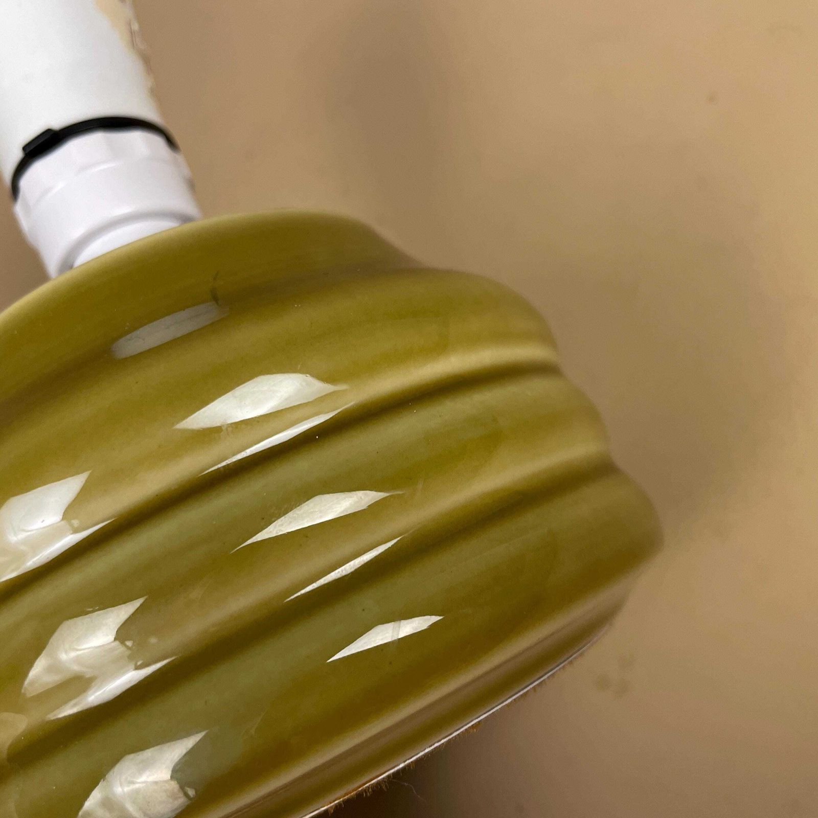 Vintage Ceramic Striped Patterned Olive Green Studio Pottery Lamp Bedside Table Light Retro Cottage Glaze Antique Handmade Small Heavy photo vintage
