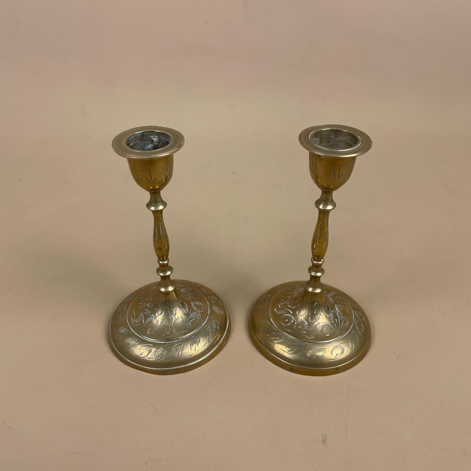 Antique Matching Pair Of Gold Brass Metal Candlestick Candle Stick Holders Holder Vintage Round Taper Dinner Candlesticks Engraved Indian