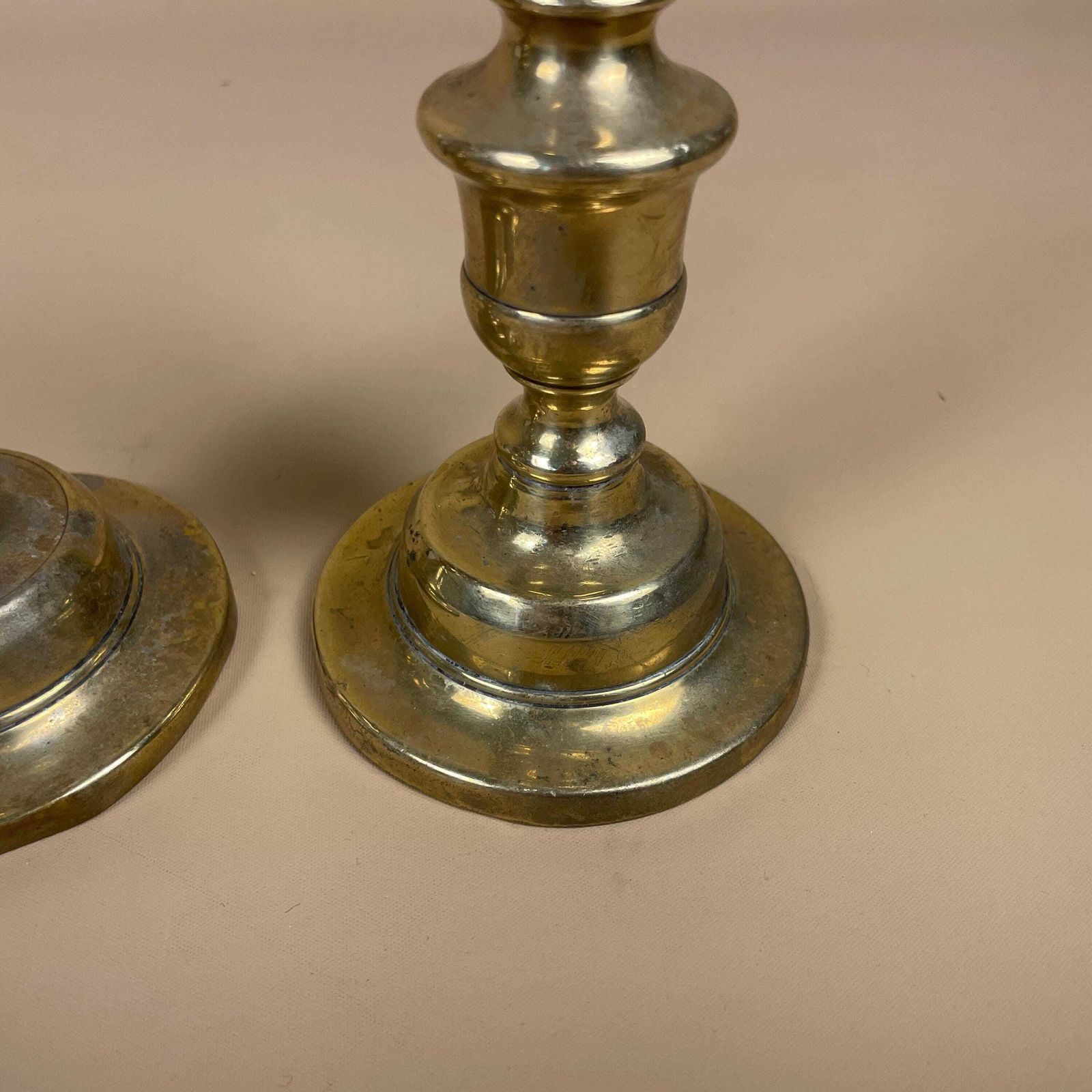 Antique Matching Pair Of Gold Brass Metal Candlestick Candle Stick Holder Vintage Column Taper Dinner Candlesticks Round Base Ornate photo Home Decor