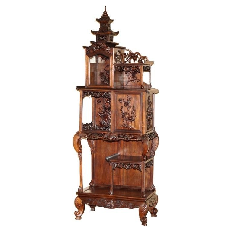 Sublime Antique Chinese Circa 1900 Pagoda Top Display Case Bookcase Cabinet