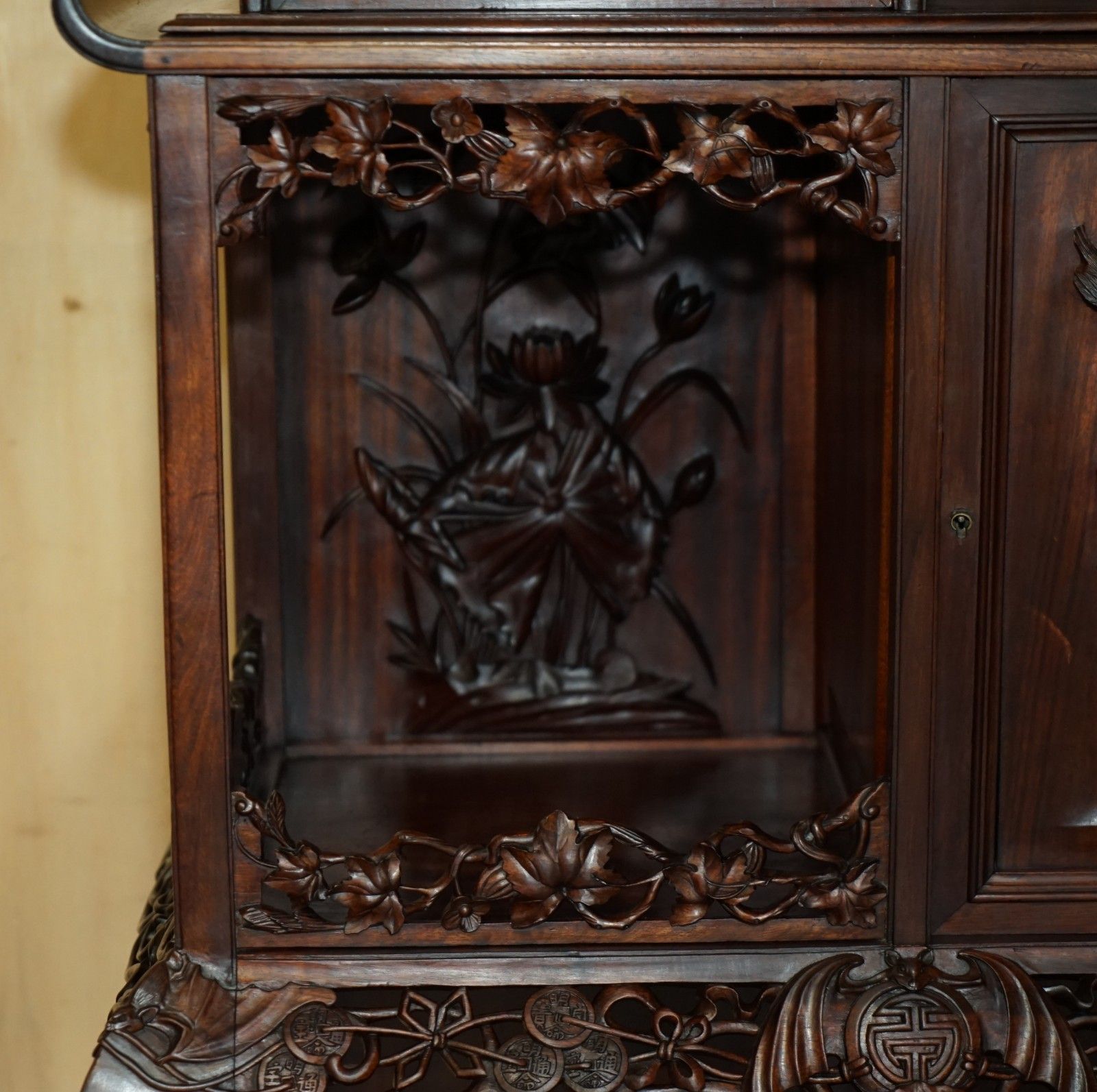 Furniture Sublime Antique Chinese Circa 1900 Pagoda Top Display Case Bookcase Cabinet photo