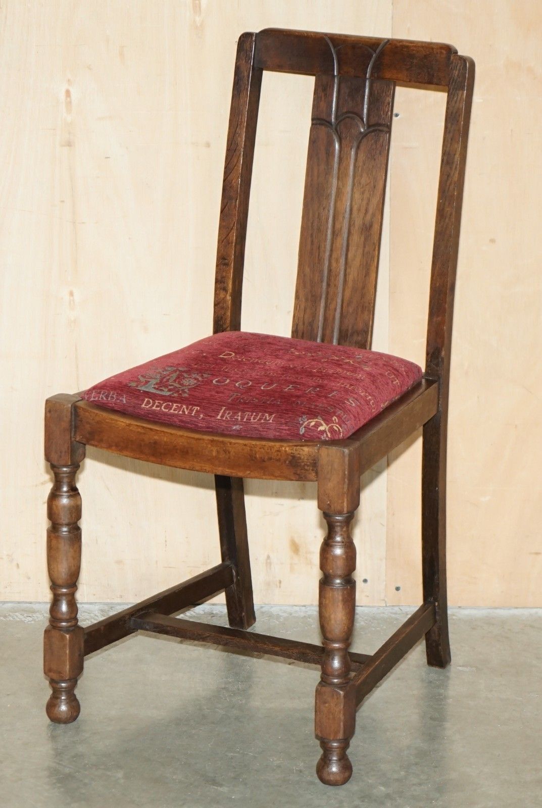 English Oak Art Deco Hall Chair With Latin Inscribed Seat Upholstery photo furniture