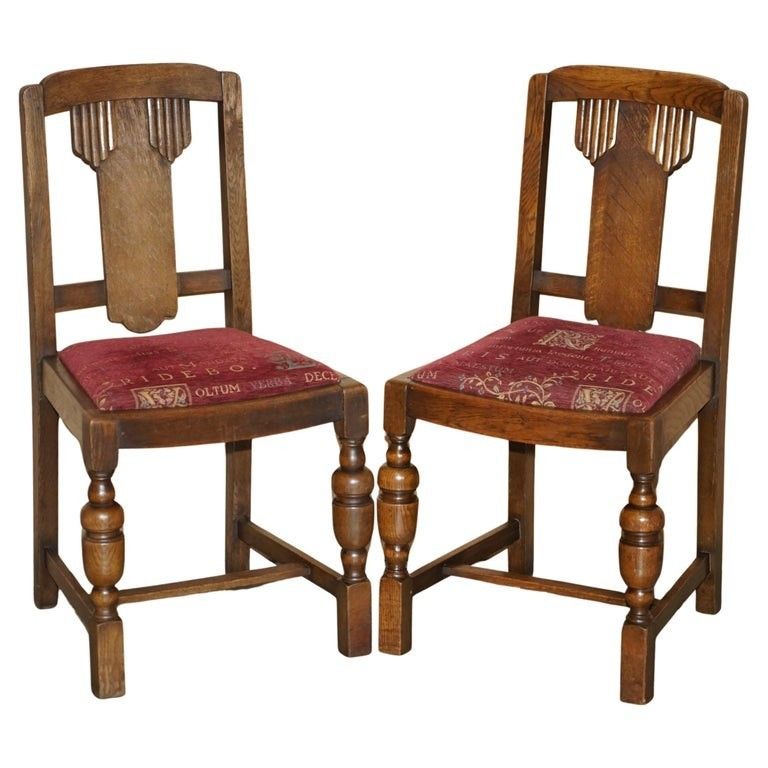 Pair Of English Oak Art Deco Hall Chairs With Latin Inscribed Seat Upholstery