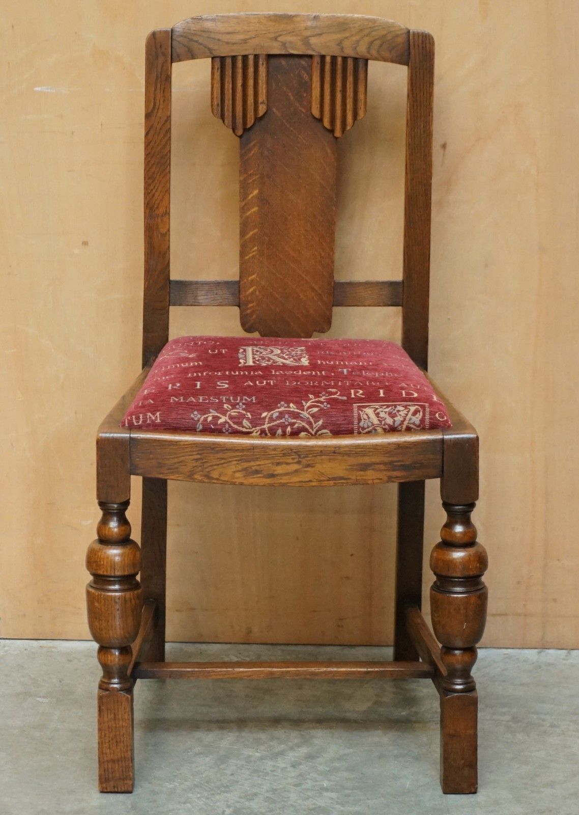Pair Of English Oak Art Deco Hall Chairs With Latin Inscribed Seat Upholstery photo Furniture