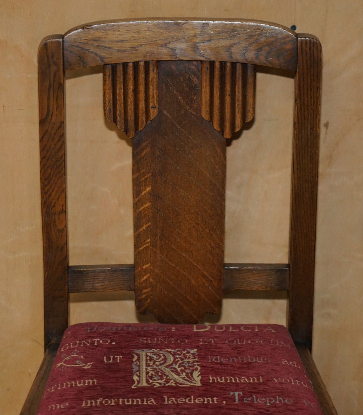 Pair Of English Oak Art Deco Hall Chairs With Latin Inscribed Seat Upholstery photo 395.0