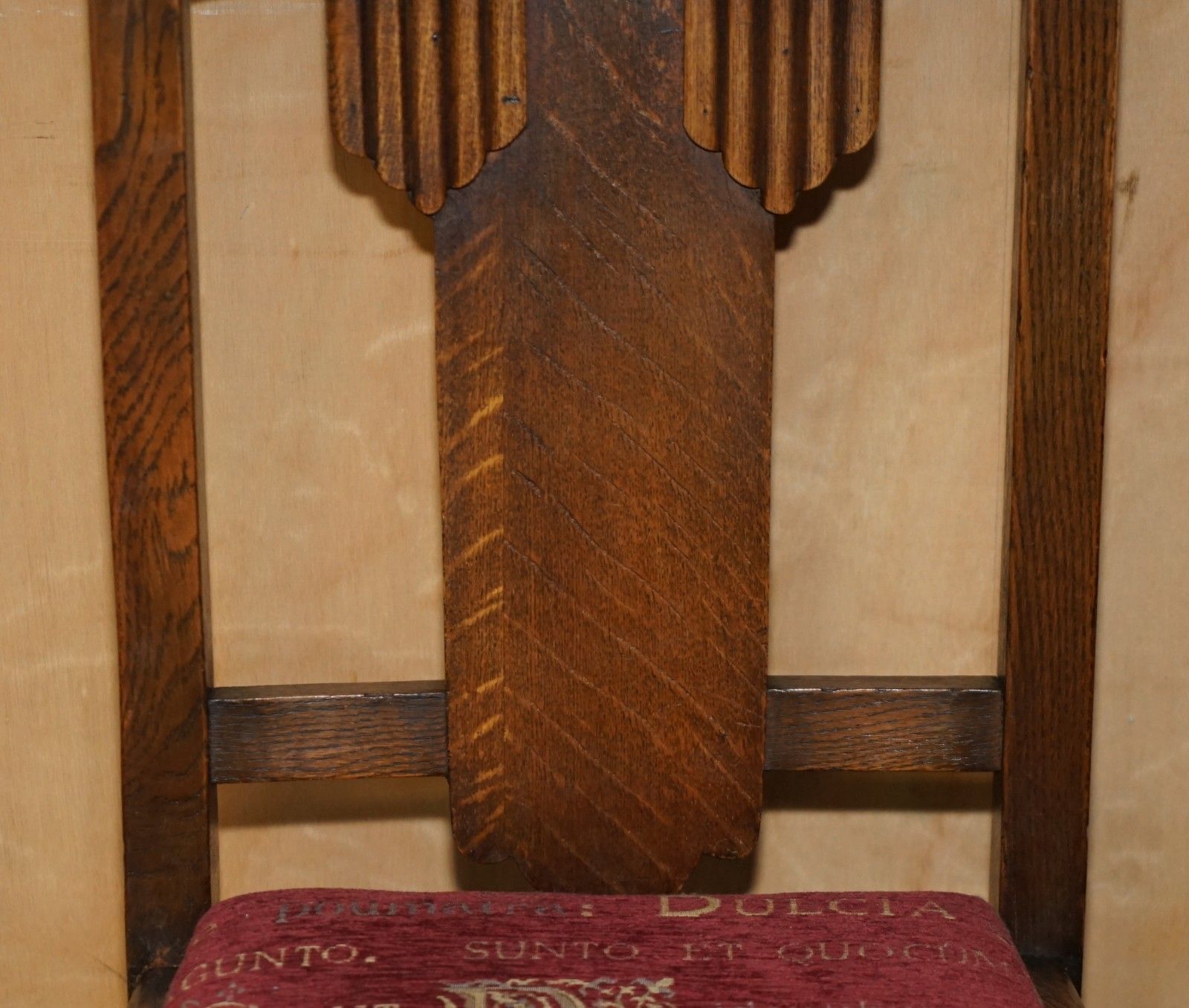 photo furniture Pair Of English Oak Art Deco Hall Chairs With Latin Inscribed Seat Upholstery