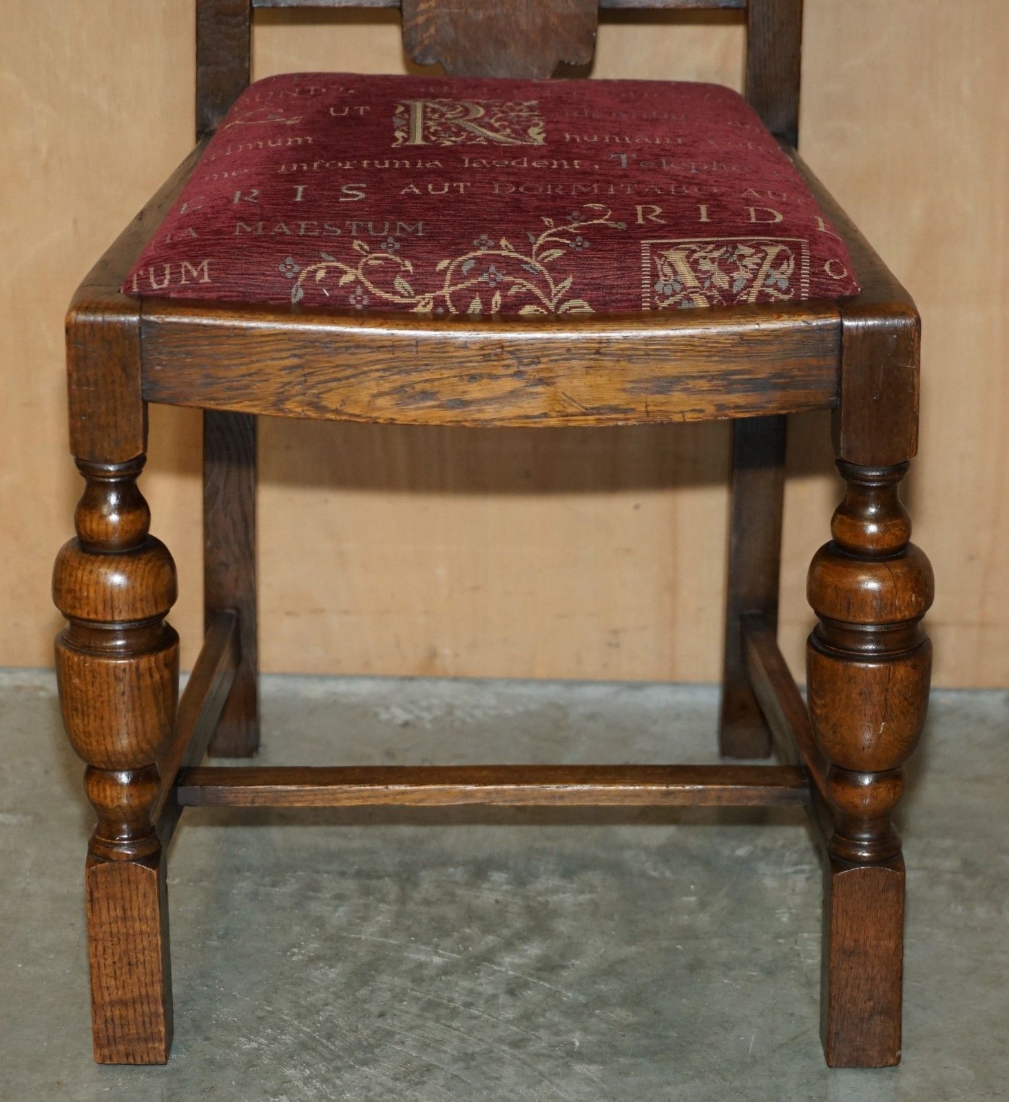 Furniture Pair Of English Oak Art Deco Hall Chairs With Latin Inscribed Seat Upholstery photo