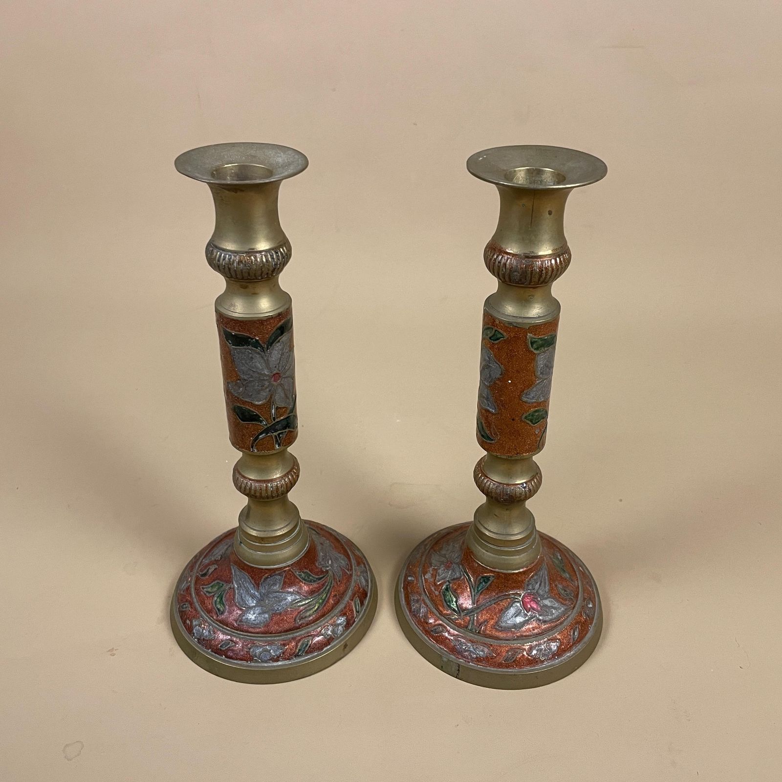 Pair Of 2 Antique Gold Solid Brass Metal Candlestick Candle Stick Vintage Dinner Candlesticks Ornate Pattern Red Enamel Floral Pattern Set