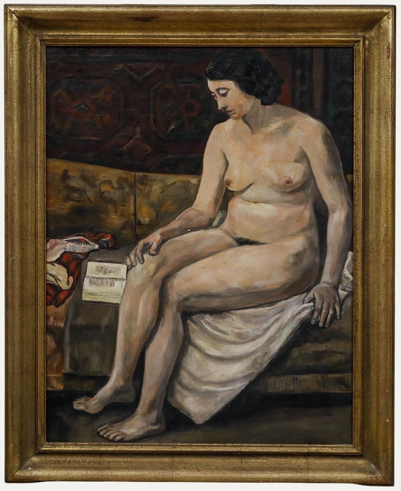 Framed 1933 Oil Female Nude Reading