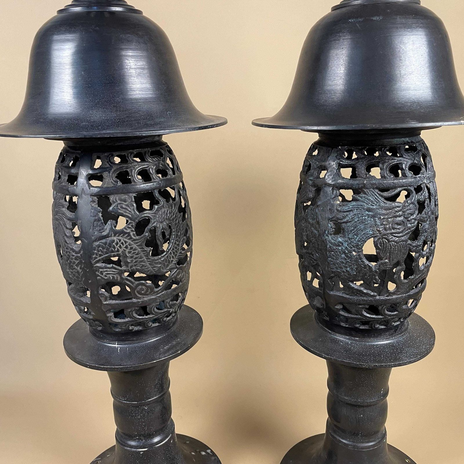 Pair Bronze Temple Lanterns Asian Dragon Design Antique Style Pagoda Lights Vintage Oriental Garden Decor Cast Metal Mid 20th Century Repro photo for sale