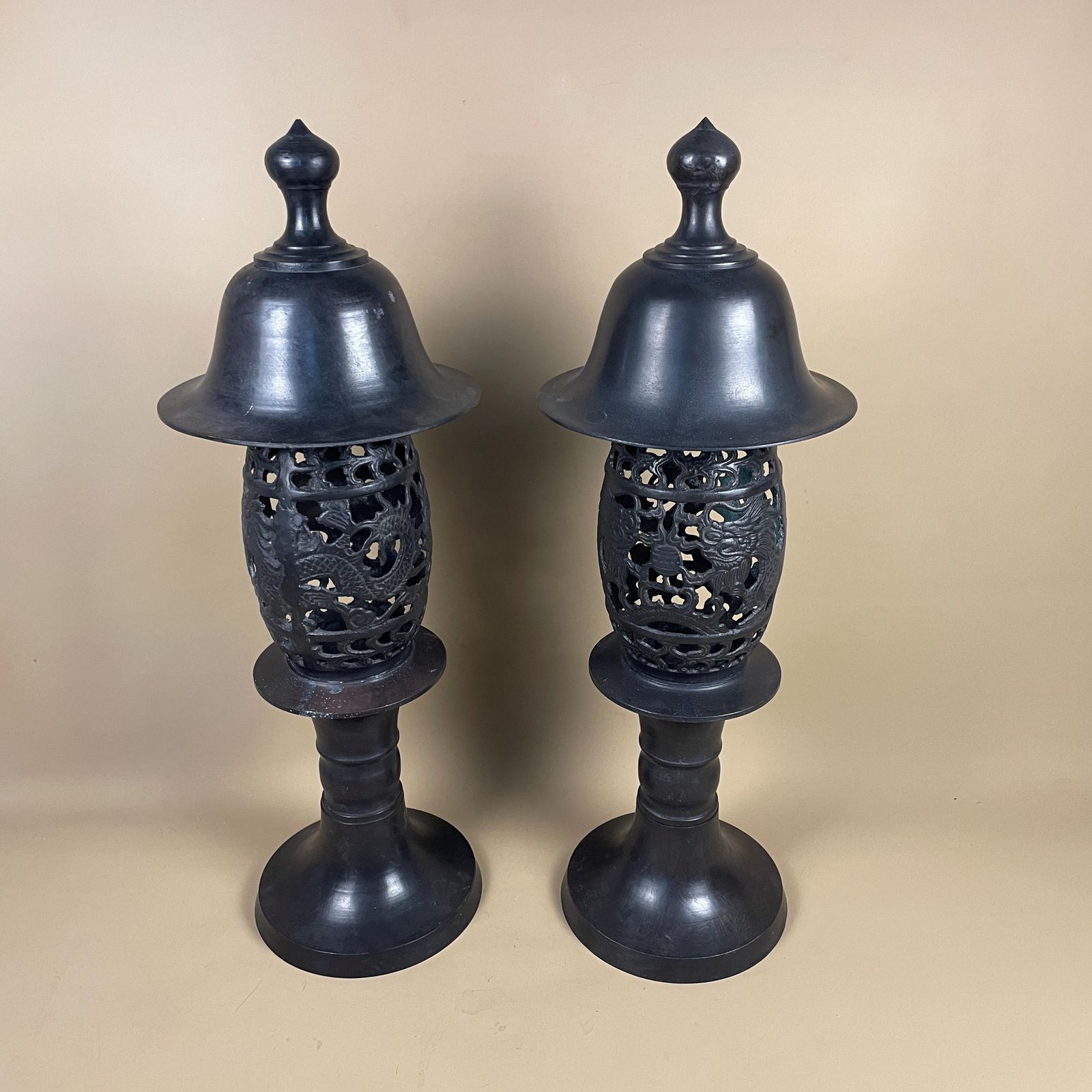 Pair Bronze Temple Lanterns Asian Dragon Design Antique Style Pagoda Lights Vintage Oriental Garden Decor Cast Metal Mid 20th Century Repro