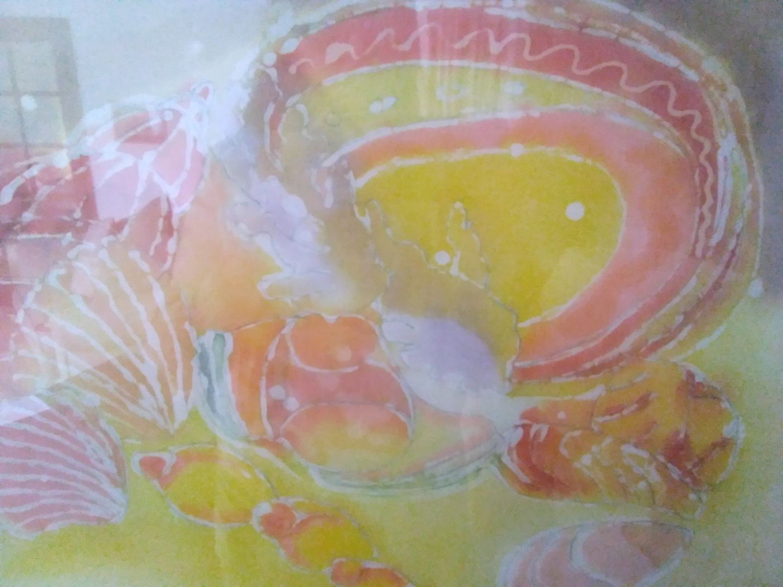Large Gold Framed Watercolour Wax Batik Pastel Shades Pink Yellow Blue Seashells photo furniture
