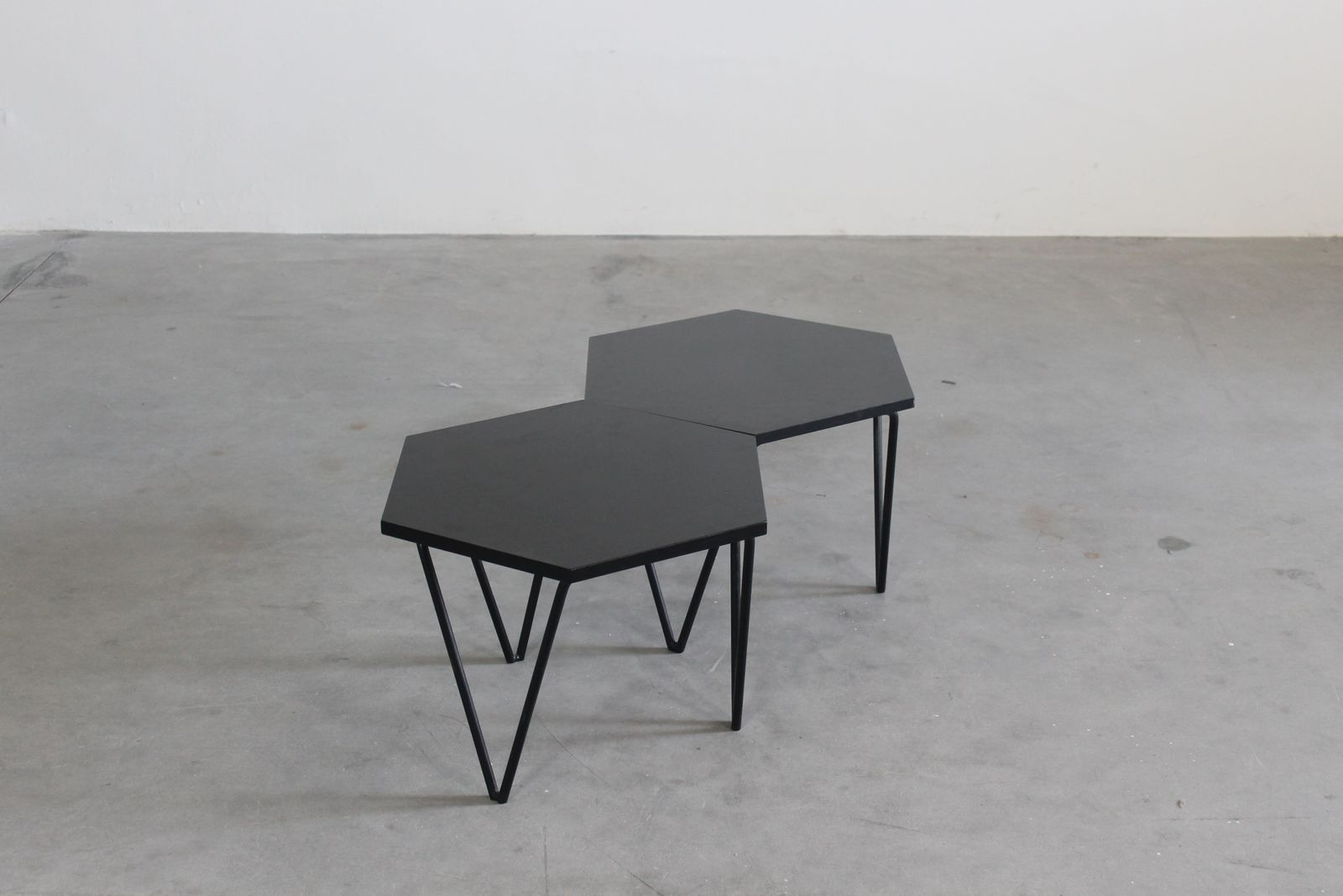 Gio Ponti Set Of Two Hexagonal Coffee Tables In Wood And Metal I.S.A. 1950s photo furniture