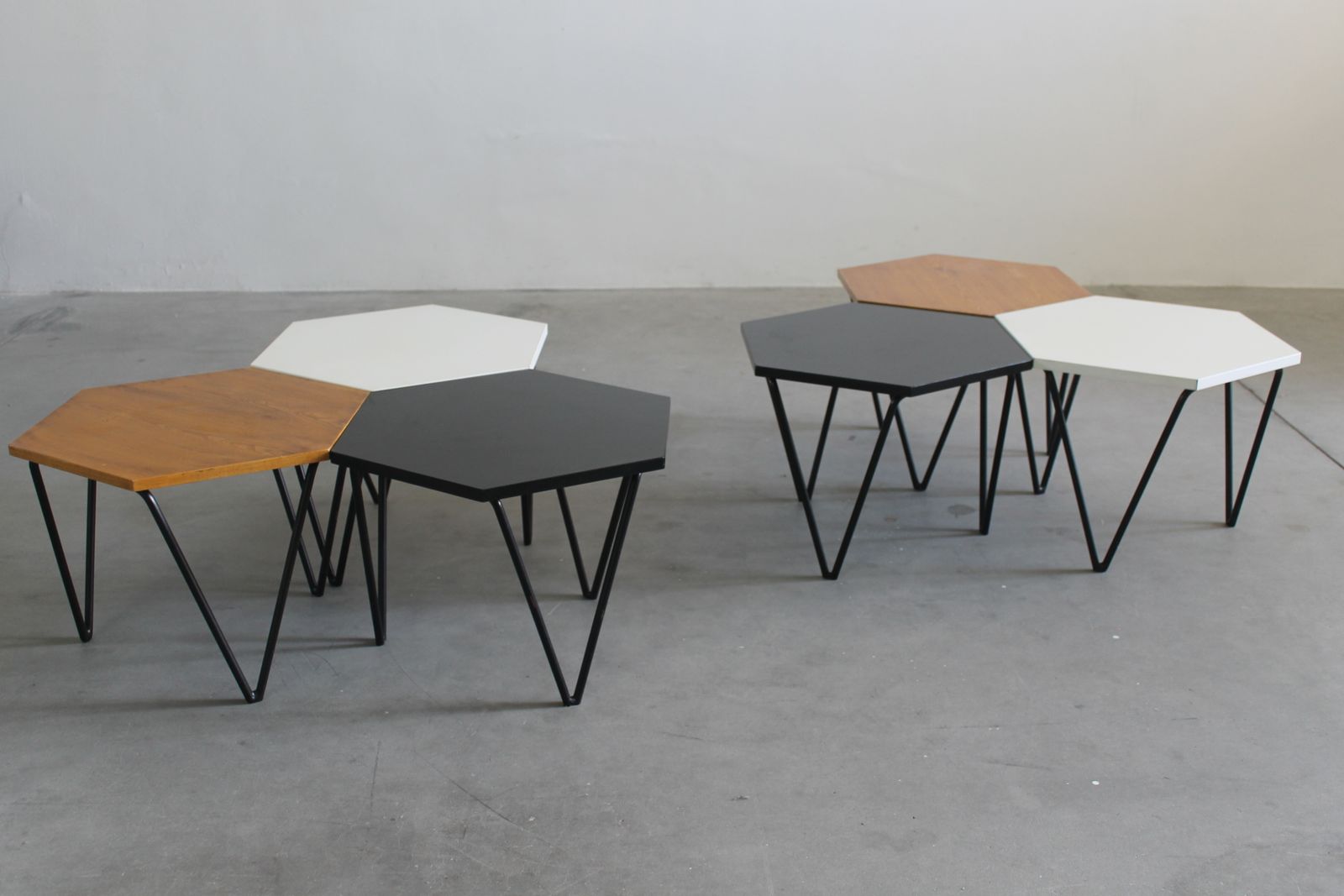 Gio Ponti Set Of Six Hexagonal Coffee Tables In Wood And Metal I.S.A. 1950s photo furniture