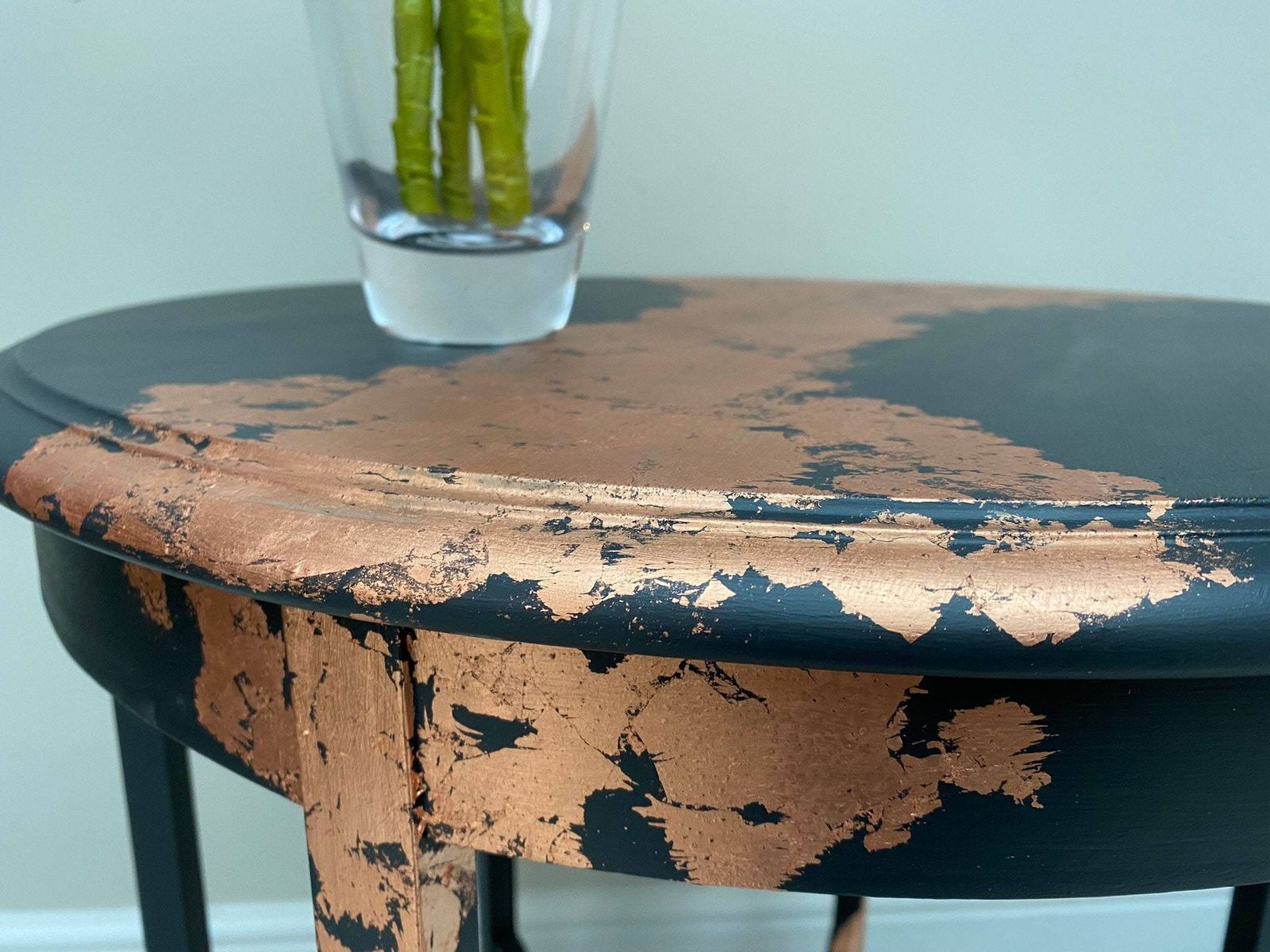 Refurbished Antique Solid Mahogany Two Tier Side Table, Painted In Ash Grey Fusion Mineral Paint And Finished With Copper Leaf. photo furniture
