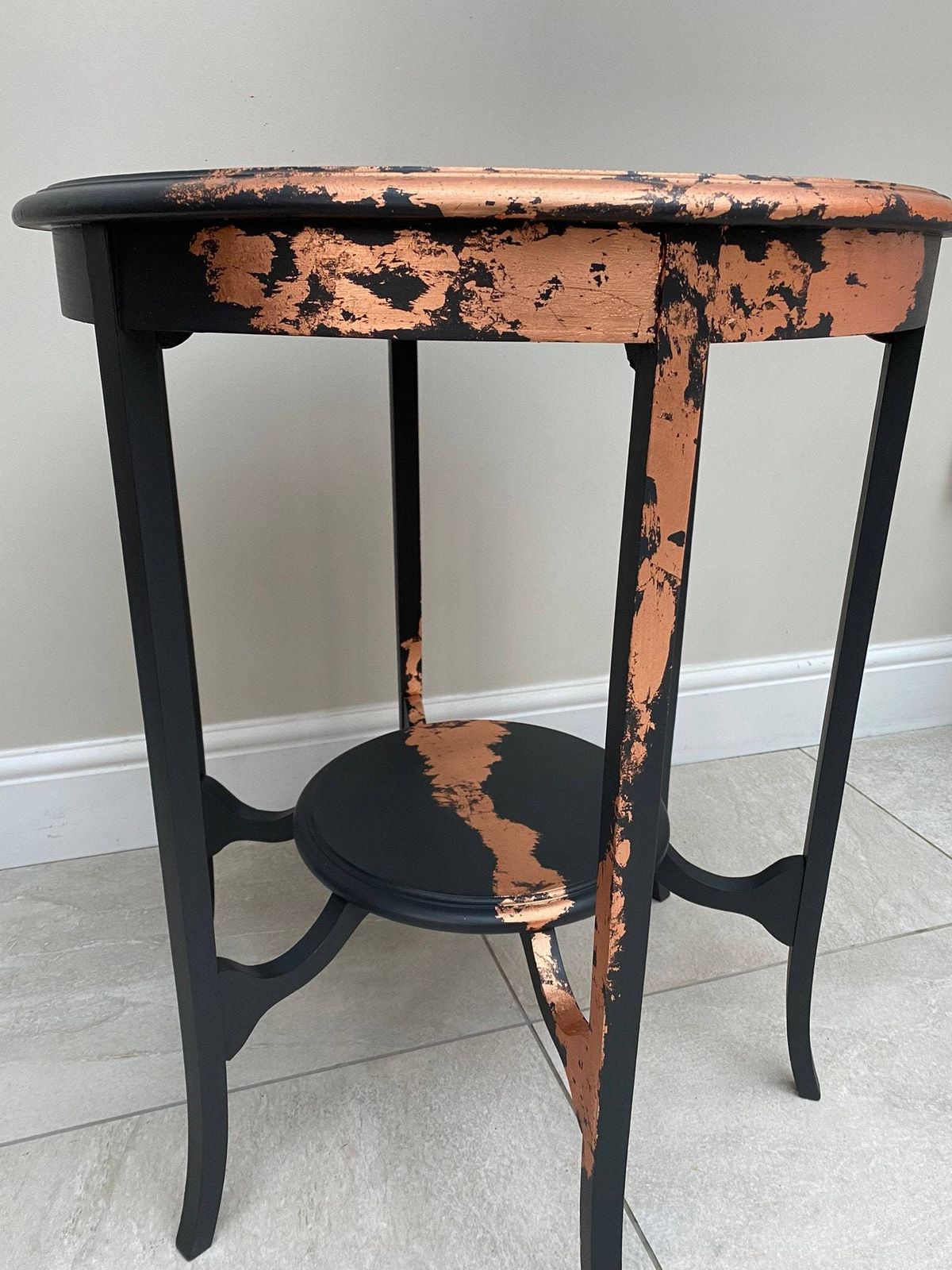 Refurbished Antique Solid Mahogany Two Tier Side Table, Painted In Ash Grey Fusion Mineral Paint And Finished With Copper Leaf. photo buy