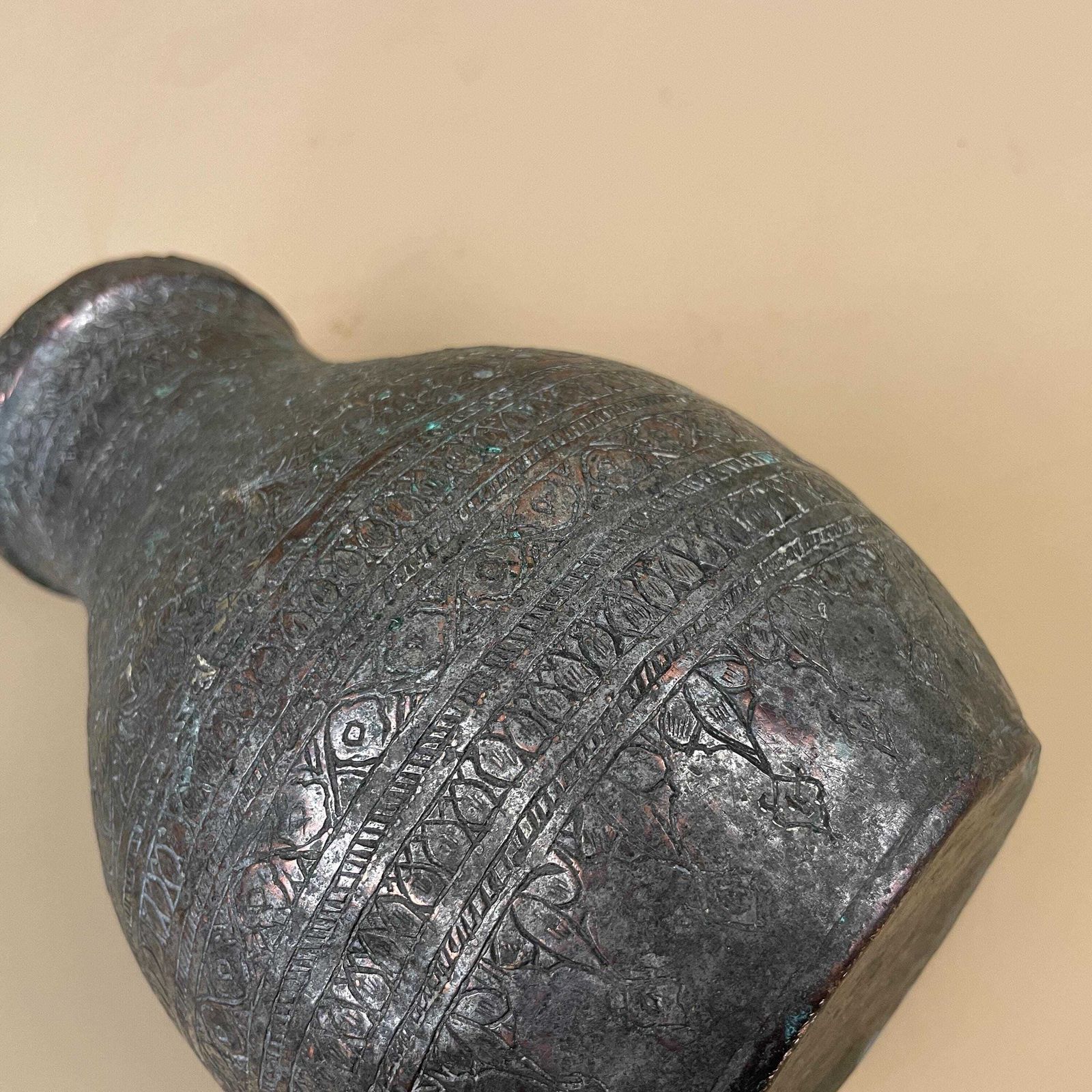 photo for sale Antique Metal Silver Copper Indian Patterned Plant Pot Vase Jardiniere Asian Handmade Engraved Etched Intricate Vintage Urn Decorative Aged