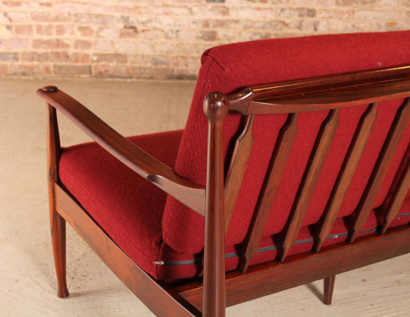 photo for sale Danish Mid Century Rosewood 3 Seater Sofa With Red Wool Upholstery, Circa 1960s