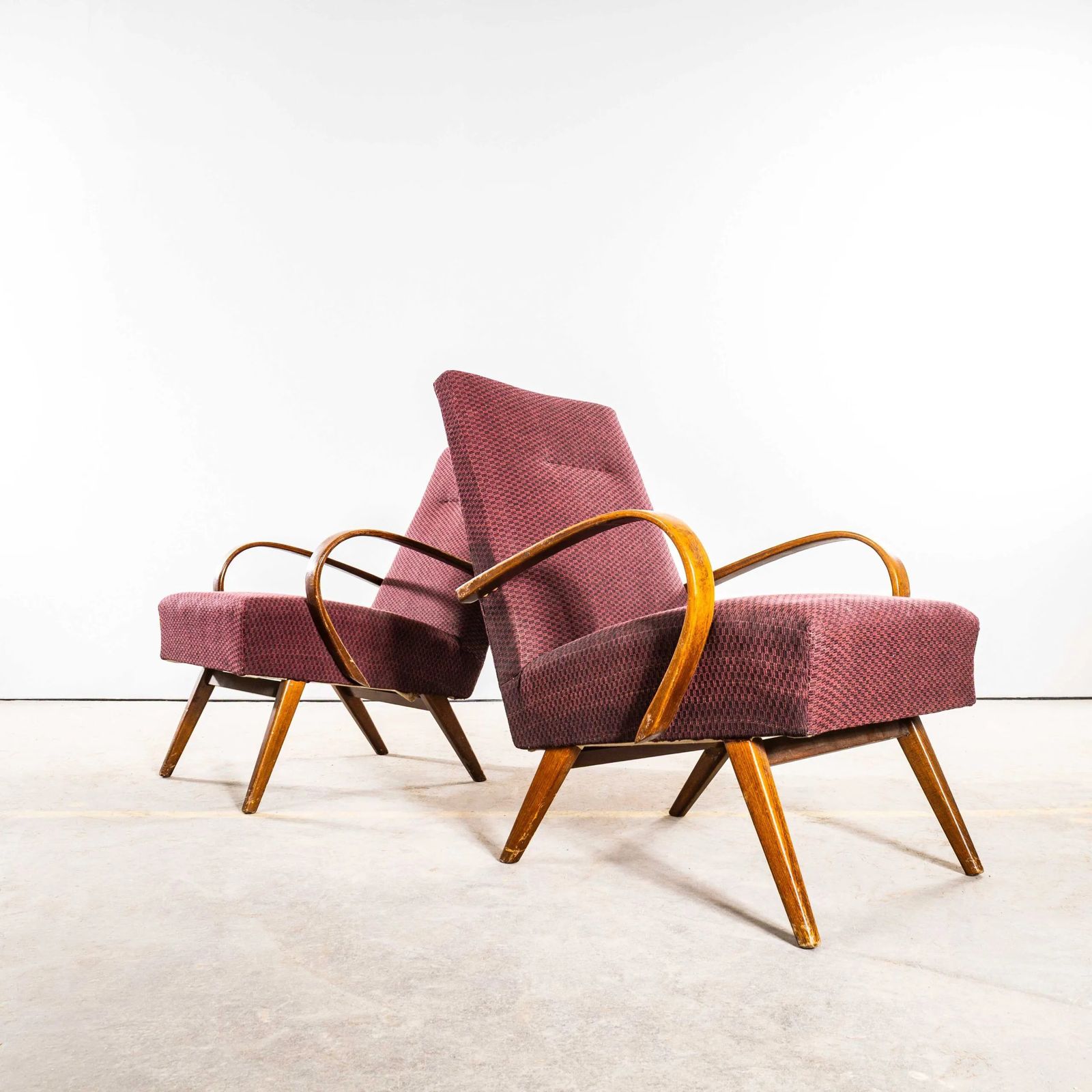 1950’s Jaroslav šmídek Original Armchairs In A Geometric Aubergine Jacquard – Sprung Seat