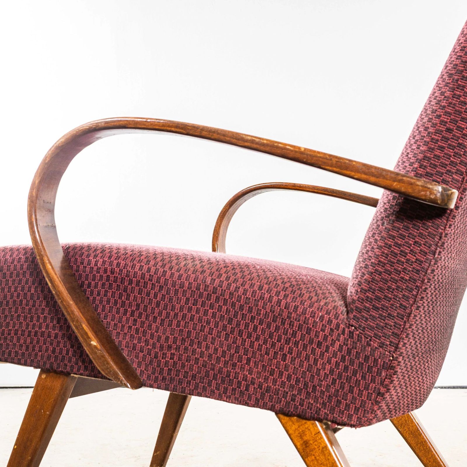 1950’s Jaroslav šmídek Original Armchairs In A Geometric Aubergine Jacquard – Sprung Seat photo furniture