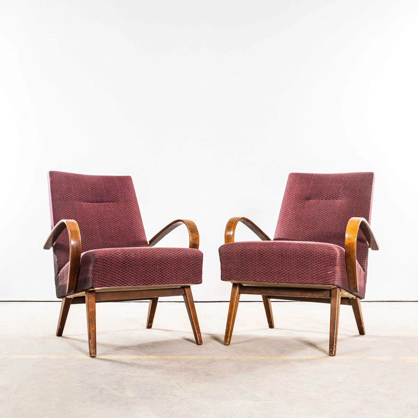 1950’s Jaroslav šmídek Original Armchairs In A Geometric Aubergine Jacquard – Sprung Seat photo for sale
