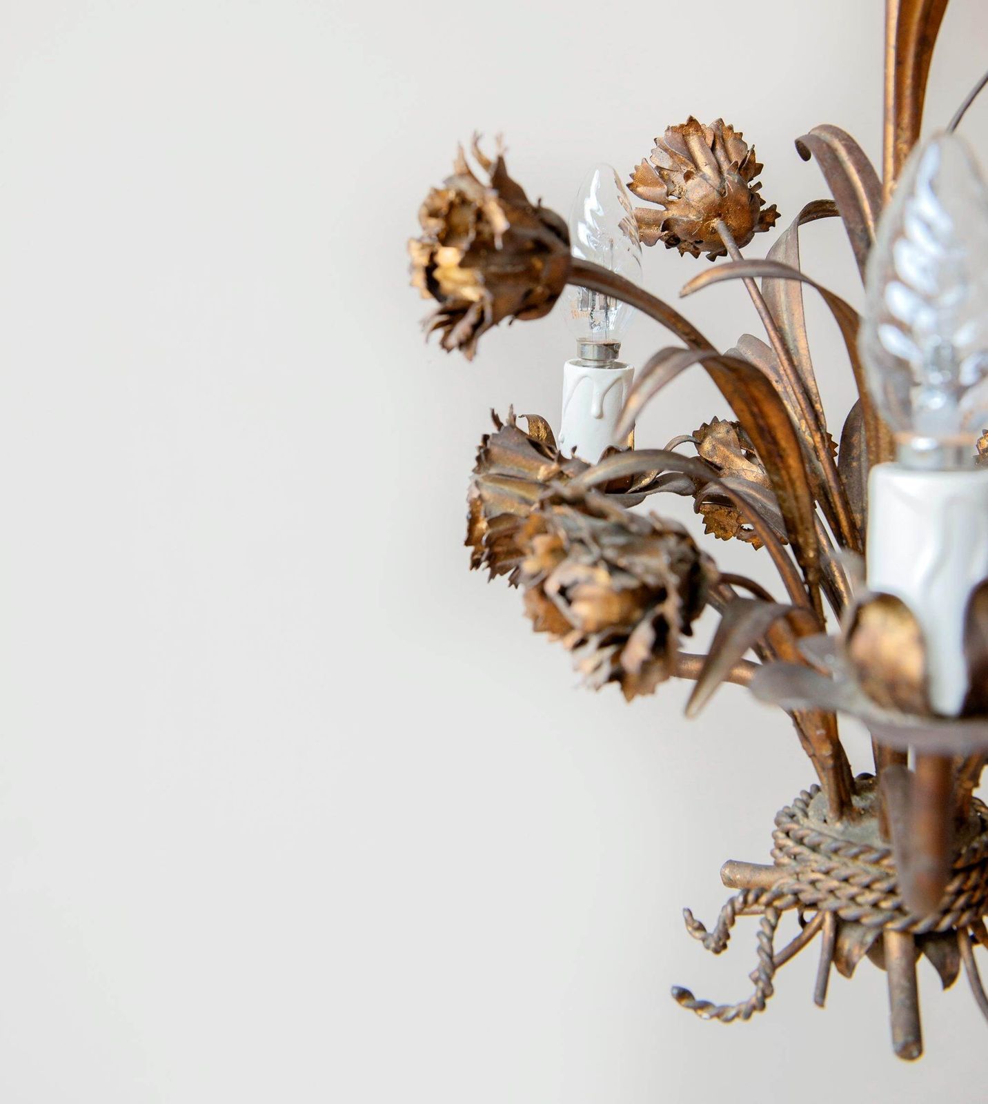 Florentine Chandelier, Italian Hanging Lamp, Gold Leaf Floral Pendant Lamp, Vintage Roses Candelabra, Hollywood Regency, 1960s Design photo Lighting