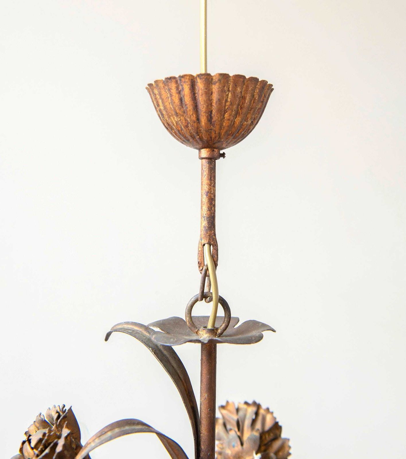 Florentine Chandelier, Italian Hanging Lamp, Gold Leaf Floral Pendant Lamp, Vintage Roses Candelabra, Hollywood Regency, 1960s Design photo vinterior
