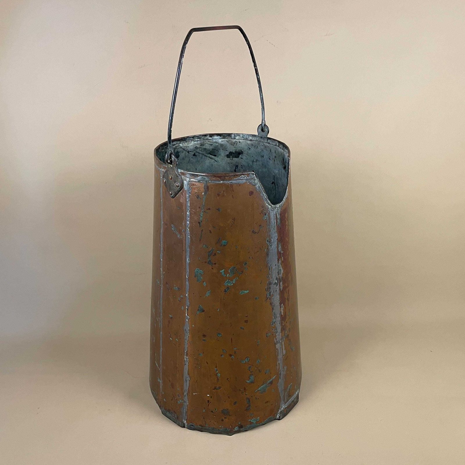 Antique Metal Copper Coal Bucket Handle Fireside Fire Side Scuttle Helmet Farmhouse Cottage Patina Vintage Fireplace Logs Tall Tools Prong