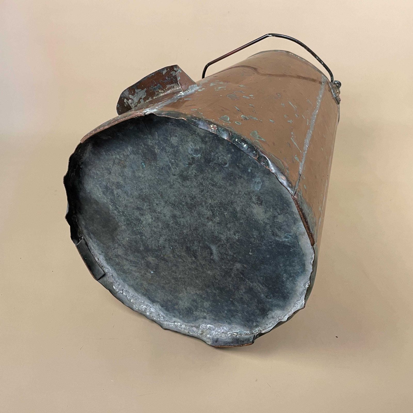 photo for sale Antique Metal Copper Coal Bucket Handle Fireside Fire Side Scuttle Helmet Farmhouse Cottage Patina Vintage Fireplace Logs Tall Tools Prong
