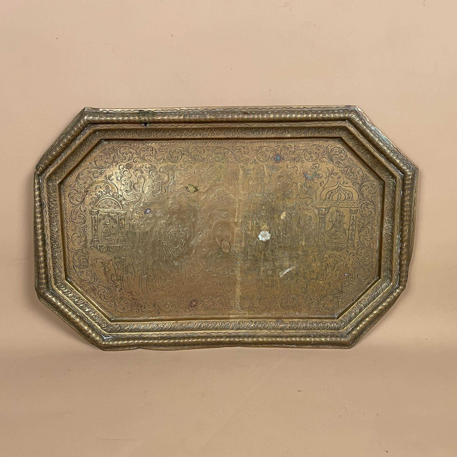 Antique Metal Gold Indian Patterned Brass Tray 39.5x26cm Plate Asian Handmade Etched Intricate Decorative Patterned Wall Art Octagon Vintage