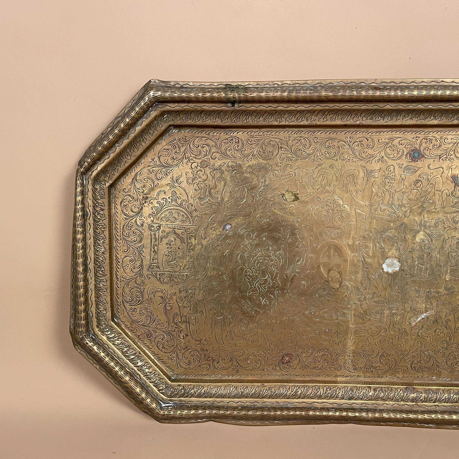 Antique Metal Gold Indian Patterned Brass Tray 39.5x26cm Plate Asian Handmade Etched Intricate Decorative Patterned Wall Art Octagon Vintage photo Home Decor