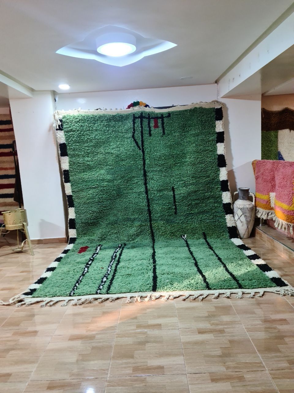 Large Sage Green Moroccan Rug With Abstract Lines, 300x200cm, Hand Knotted Wool photo furniture