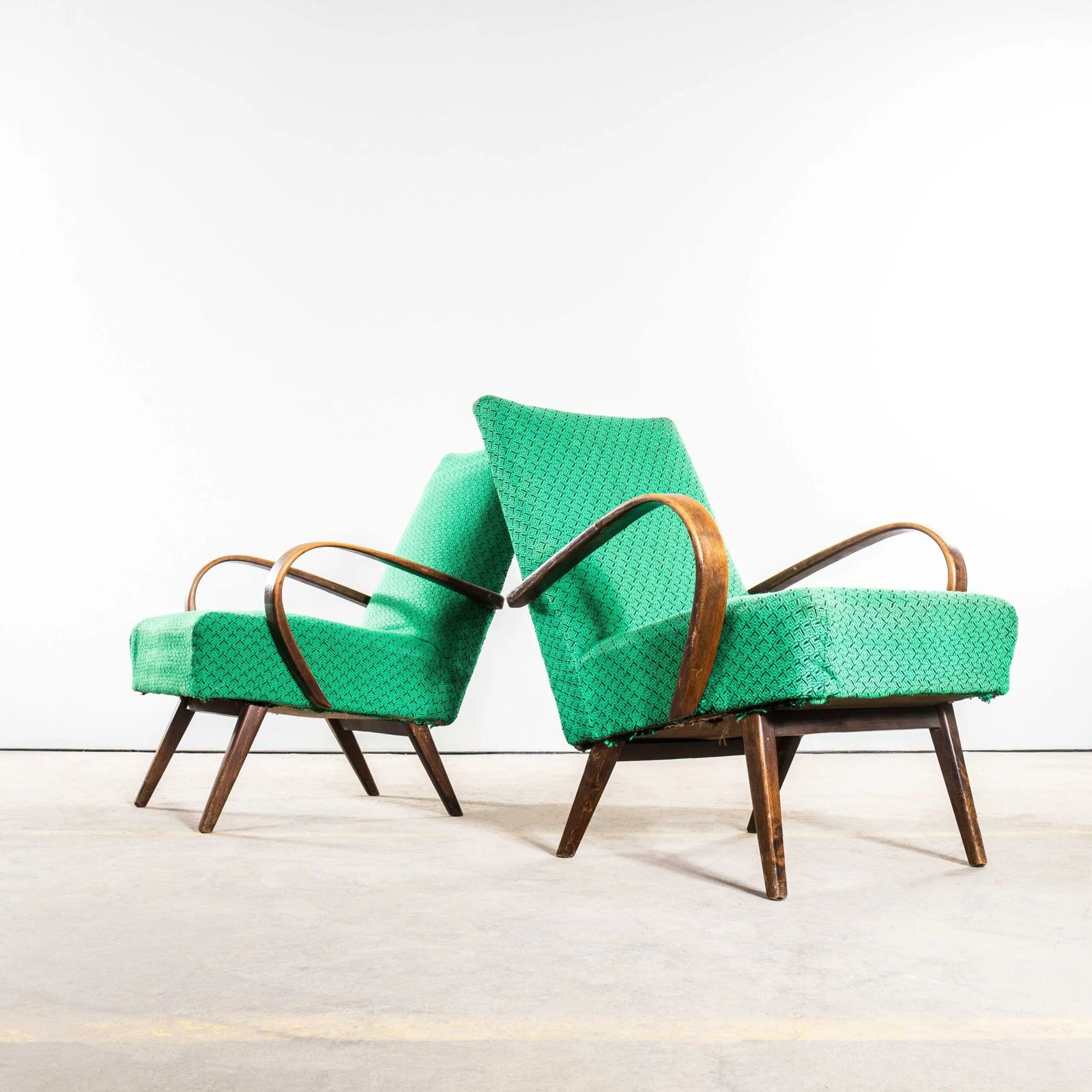 1950’s Jaroslav šmídek Original Armchairs In A Green Geometric Jacquard – Sprung Seat
